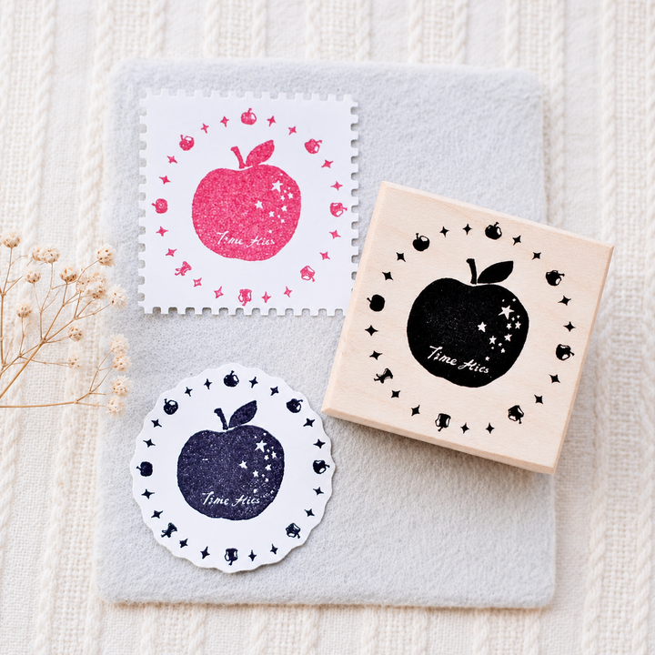 Round Apple Timeline Wooden Rubber Stamp